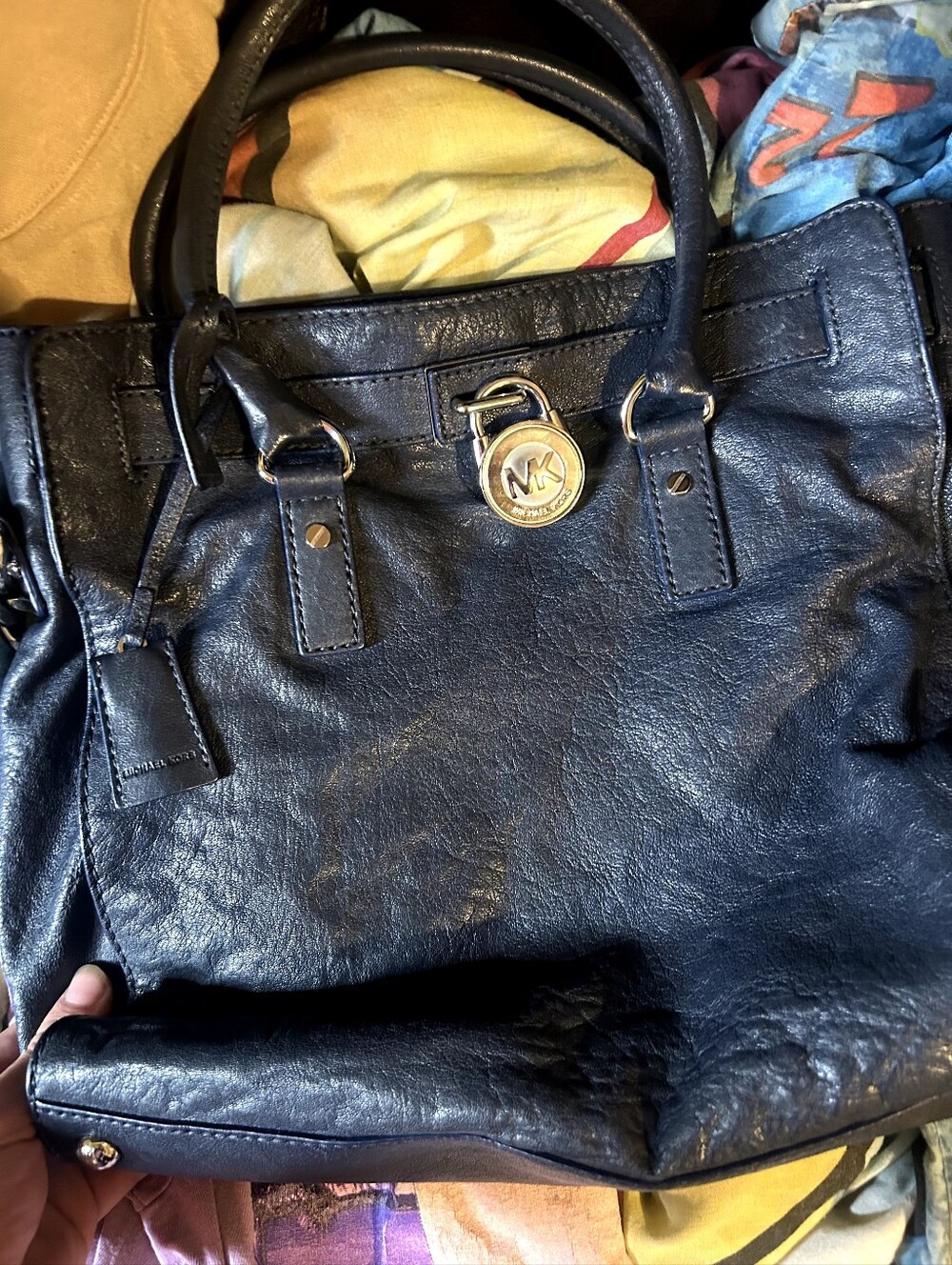 Michael Kors Navy Leather Satchel with Gold MK Charm